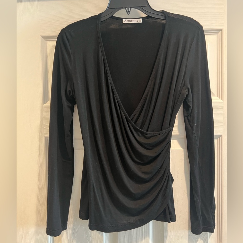 Guberry Black Drape V-Neck Blouse